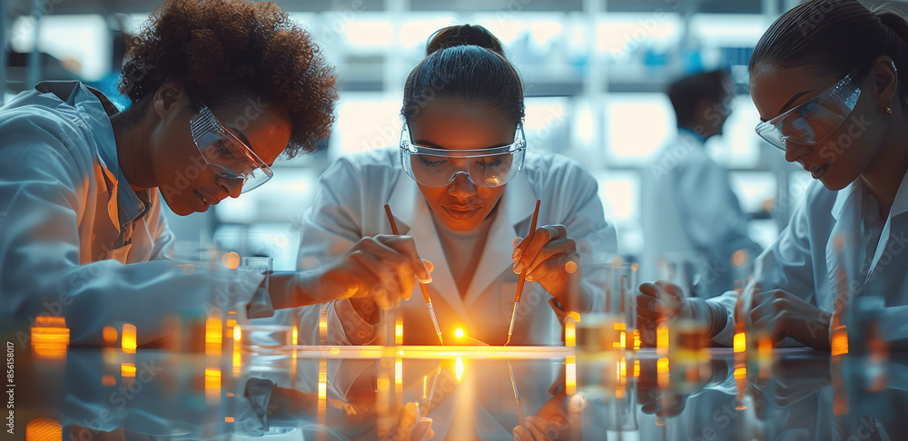 Poster Scientists in a modern laboratory studying and testing paintbrushes. And five people around a table. Generative AI.