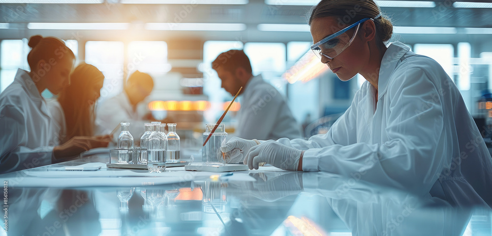 Poster Scientists in a modern laboratory studying and testing paintbrushes. And five people around a table. Generative AI.