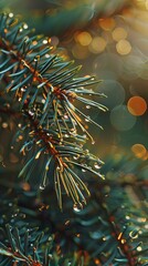Close-up of a pine branch with water droplets and bokeh effect, nature beauty concept