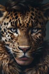  A tight shot of a leopard's face, adorned with a fur collar, and a man's visage amidst the backdrop