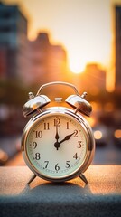 Daylight saving time concept, close-up of a clock with hands moving forward, bright morning light, clear focus