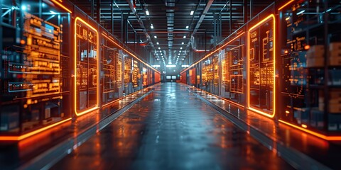 a futuristic technology retail warehouse that analyzes goods cardboard boxes and products delivery information in logistics and distribution centers using industry processes.stock illustration