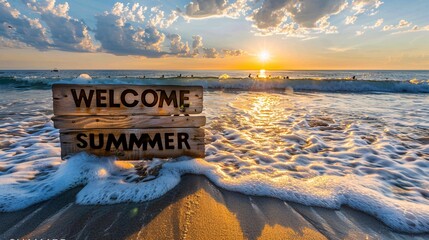 "Welcome Summer" Carved Wooden Beach Sign Photography with Ocean Waves and Sunrise, Capturing the Essence of Coastal Beauty and Seasonal Joy