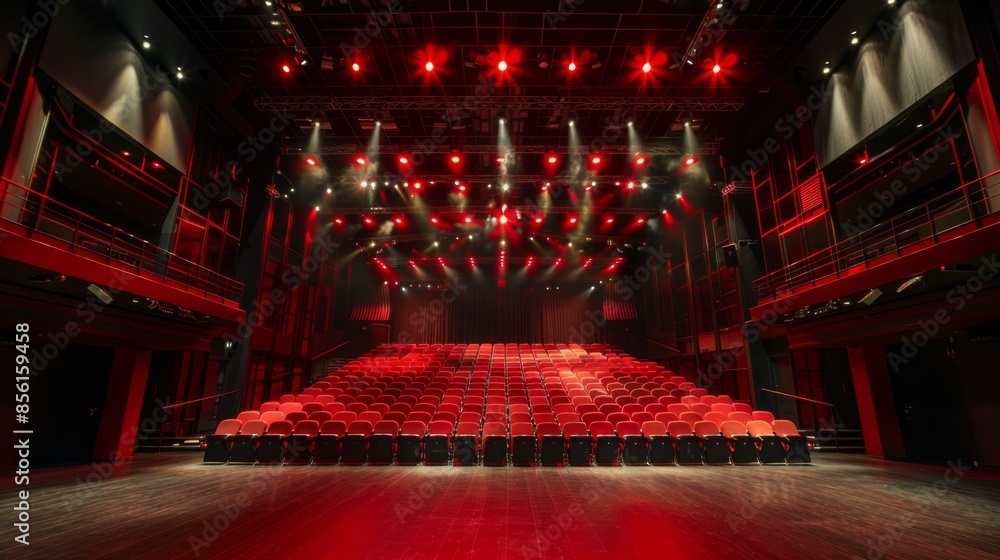 Poster an empty theater stage with red seats illuminated by red lights. the stage is dark and empty, ready 