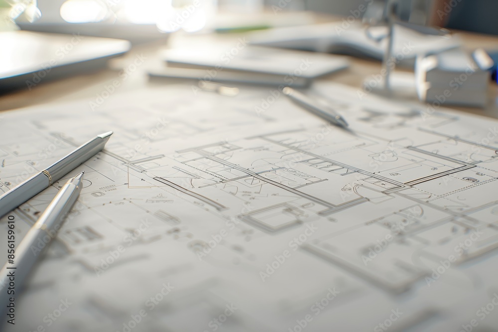Poster architect s desk with blueprint and technical drawing for precise design planning
