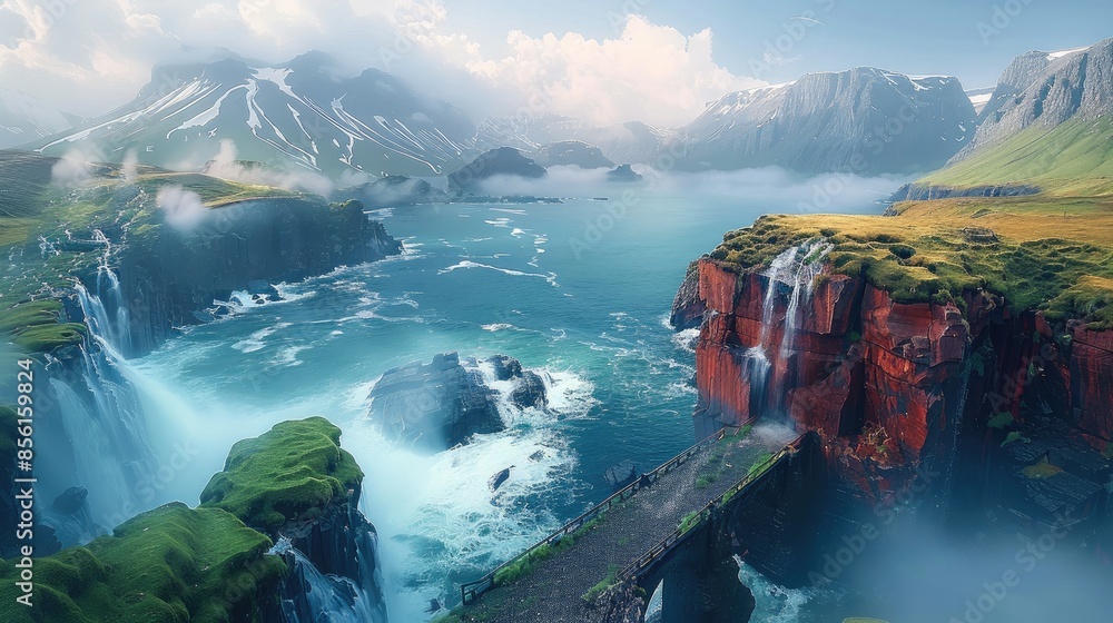 Poster a scenic view of a path leading to multiple cliffs with bridges going. in between the cliffs are mul