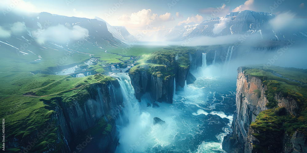 Poster a scenic view of a path leading to multiple cliffs with bridges going. in between the cliffs are mul