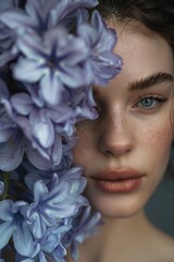  A woman with freckled skin and freckled eyes gazes into the camera, holding a bunch of blue flowers in front of her face Her gaze is deepened by her numerous fre