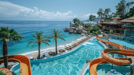 Fototapeta premium concept of relaxation on the ocean shore, white sand and palm leaves.