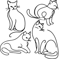 a set of four cats in different poses drawn in one line without a background