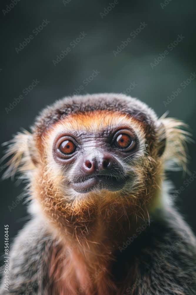 Wall mural  A close-up of a monkey's face with a blurred background The monkey's head, including its eyes, is distinct, while the background is blurred