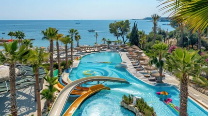 concept of relaxation on the ocean shore, white sand and palm leaves.