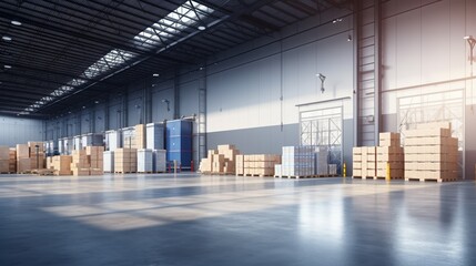 Obraz premium Large shipping warehouse with space for business logos and ads, clean and organized environment, perfect for mock-ups, side angle