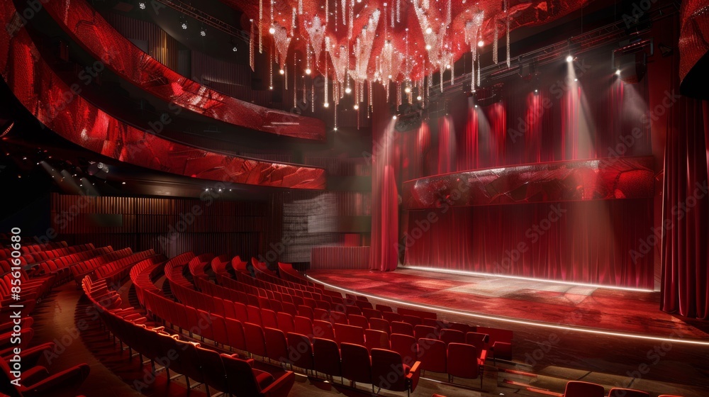 Poster an empty theater with red curtains on the stage. the seats are red and empty. the stage is lit with 
