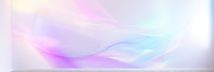 Minimalist white abstract wallpaper, holographic foil texture, light reflections creating soft hues, panoramic shot