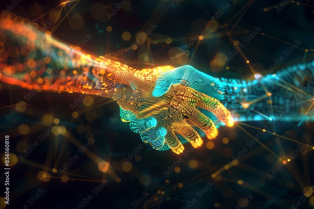 Aufkleber cryptocurrency network glowing avatars in digital handshake banner for secure transactions