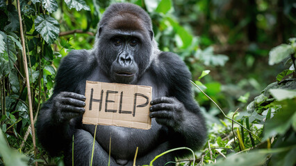 Fototapeta premium a photo of a sad Mountain Gorilla holding a cardboard sign that says 