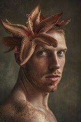  A man with a flower atop his head and freckles dotting his face and shoulders in a tight shot