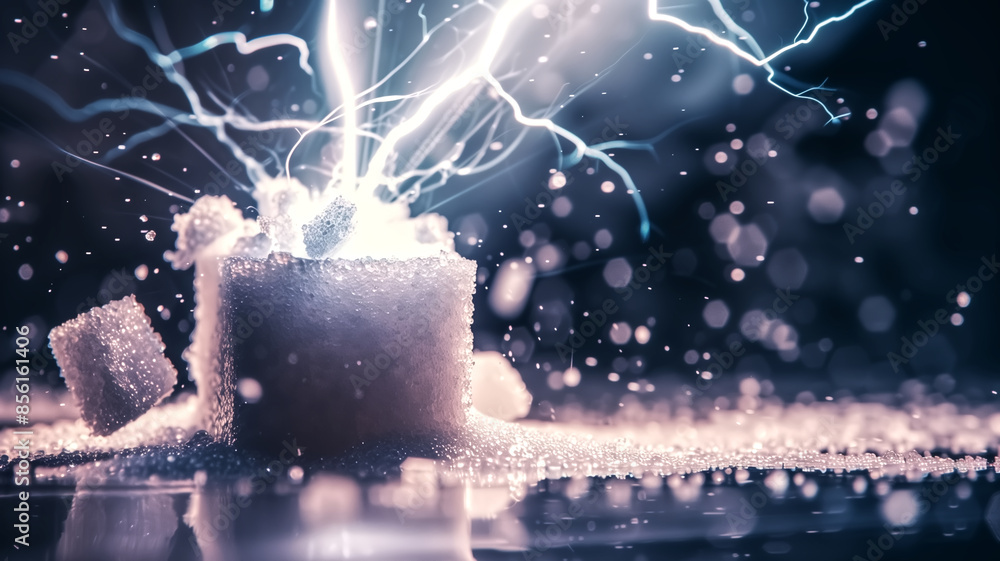Poster electrifying sugar cube with sparks and lightning in a dark, bokeh background