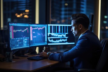 Businessman analyzing investment charts on computer monitors at night in office. Side view