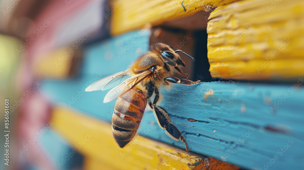 Wall mural Close-up of a bee on colorful wooden surface, vibrant background.