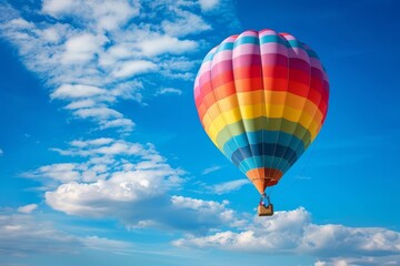 Naklejka premium Vivid hot air balloon soaring in blue sky for exciting adventurous escape and leisurely getaway