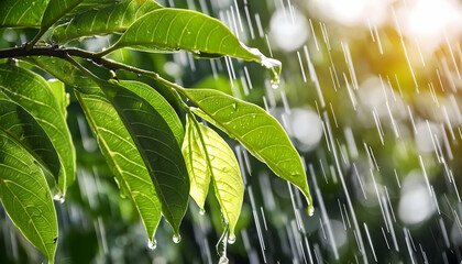 Fototapeta premium Closeup Heavy rain falling on the leaves.