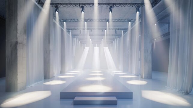 A white, empty runway stage illuminated by spotlights, with sheer white curtains lining the sides.