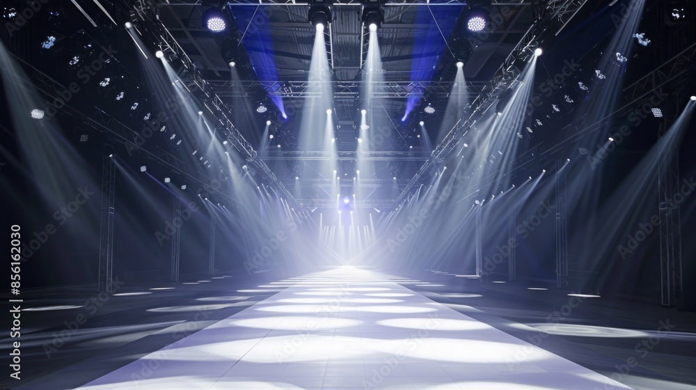 Poster an empty runway with bright white stage lights illuminating the path ahead, creating a dramatic and 