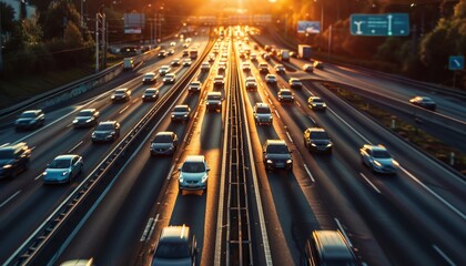 a busy highway with many cars and trucks.