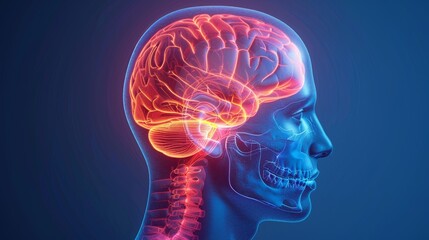 3D illustration of a human head profile with a glowing brain, highlighting neurological activity and brain anatomy.