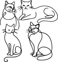 a set of four cats in different poses drawn in one line without a background