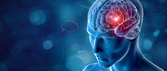 A stylized digital rendering of a brain radiating with bright light, symbolizing intelligence and profound neurological activity within a futuristic, blue-themed background.