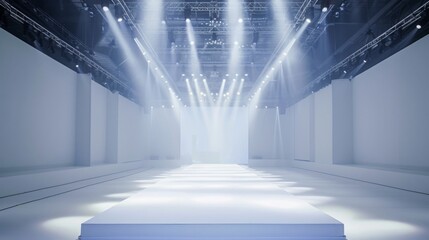 A long, empty fashion runway with bright stage lights illuminating the white floor. The background is white walls with a few black cables and structures visible.