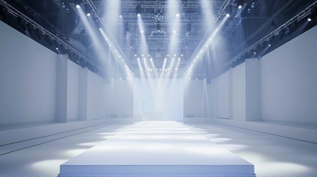 A long, empty fashion runway with bright stage lights illuminating the white floor. The background is white walls with a few black cables and structures visible.