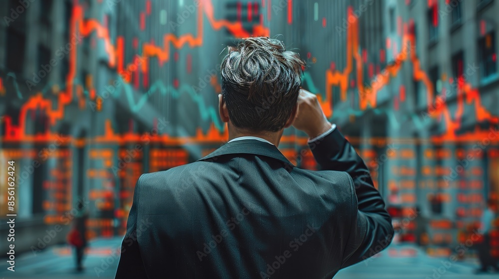 Poster businessman looking distressed with declining financial graphs. generative ai.