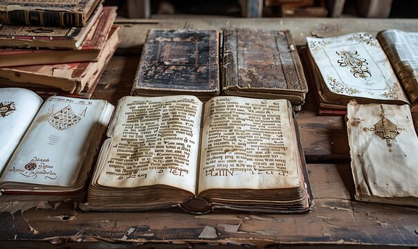 A collection of opened Bibles and Tanakhs, each with aged, illuminated script, displayed on rustic wooden surfaces