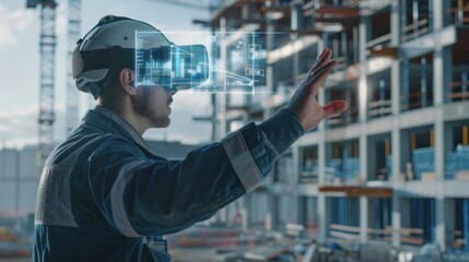 Professional using VR headset with blueprints