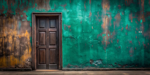 Door on Empty Old Wall with cracked plaster background , old desing, minimalism, copy space