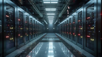 Fototapeta premium Lighted data server rack center with long floor