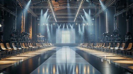 A long runway stage with rows of chairs on either side. Bright spotlights illuminate the stage from above and behind. The stage is set against a backdrop of a large, square light panel.