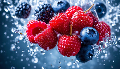 Berries in a splash of water. Strawberries, raspberries, blueberries with splashes of water