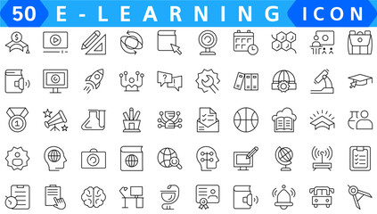 E-learning, online education icons set. 60 Electronic learning icons. Distance learning collection outline icons collection.