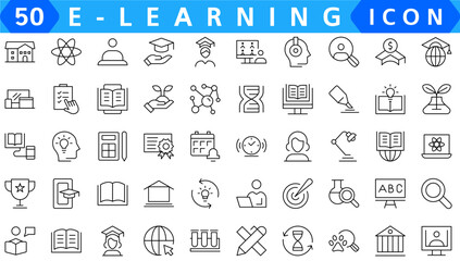 E-learning, online education icons set. 60 Electronic learning icons. Distance learning collection outline icons collection.