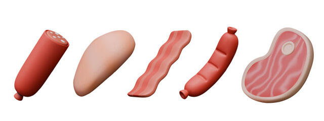 Set of icons of raw meat and ready made meat products. Sausage, chicken fillet, salami, bacon, steak