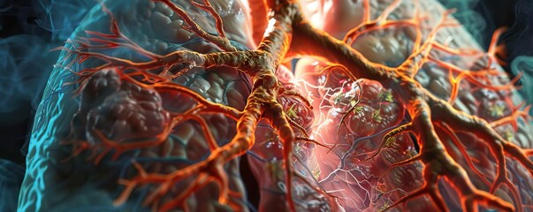 Naklejka premium A precise medical illustration depicting the inside of human lungs with COPD for a module cover, revealing inflamed airways and damaged tissue