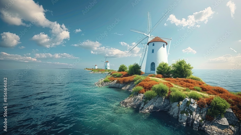 Poster windmill by sea, different types of clean energy. generative ai.