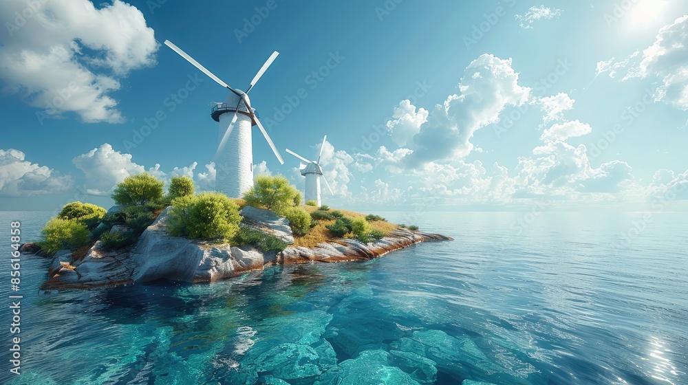 Poster windmill by sea, different types of clean energy. generative ai.