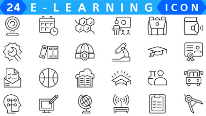 E-learning, online education icons set. 60 Electronic learning icons. Distance learning collection outline icons collection.