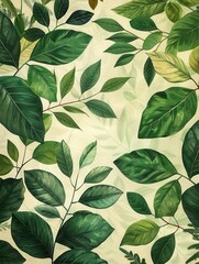 Pencildrawn leaves and plants, green pattern, simple and vintage botany art, clean design, 4K wallpaper